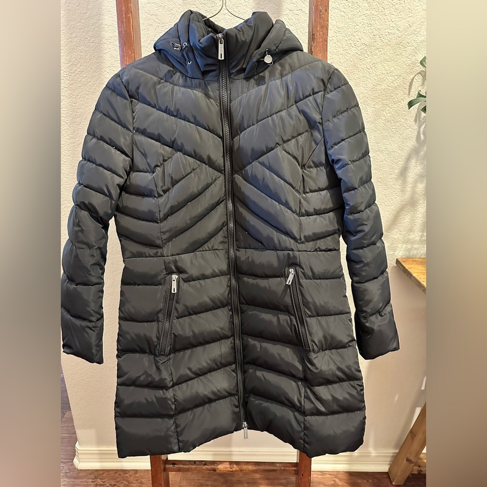 Down filled Kenneth Cole longer length coat. With hood.